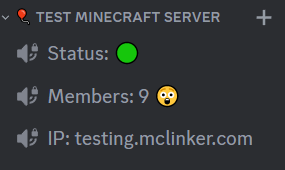 A Discord category with stat channels: Status, Members: 9, IP: testing.mclinker.com